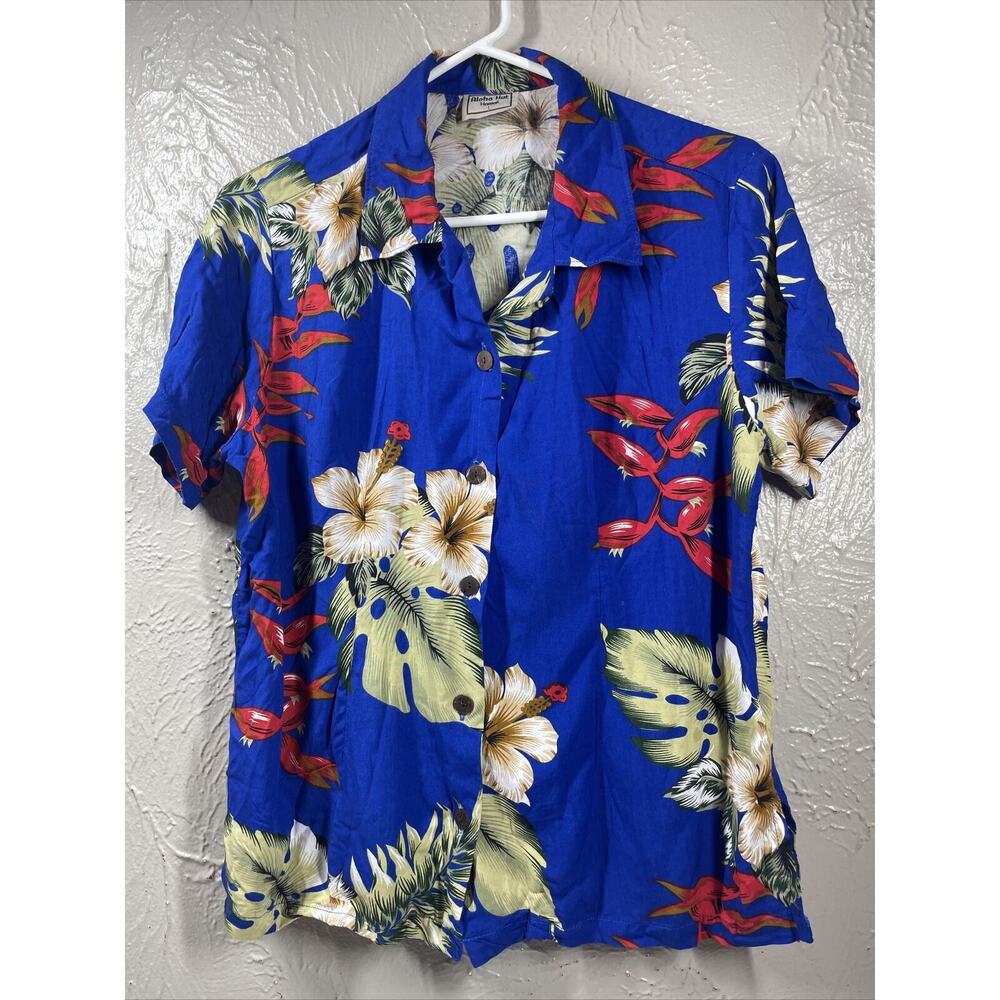 Aloha Hut Hawaii‎ Blue Floral Tropic Short Sleeve Shirt Button Front Size Large